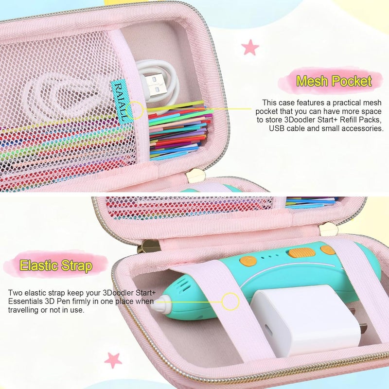 RAIALL Hard Case for 3Doodler 3D Pen for Kids, 3D Printing Pen 3D Pens Storage Organizer Bag Holder, Mesh Pocket Fits Plastic Filaments and Cable, Pink (Case Only) - Image 4
